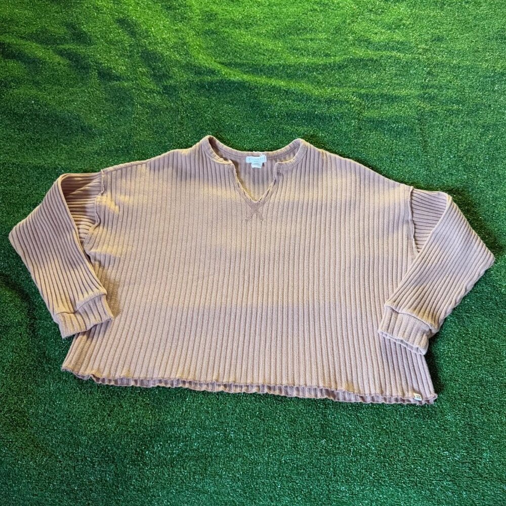 Billabong Crew Neck w/Notch Slouchy Rib Knit Brown Cropped Sweatshirt Top Size S
